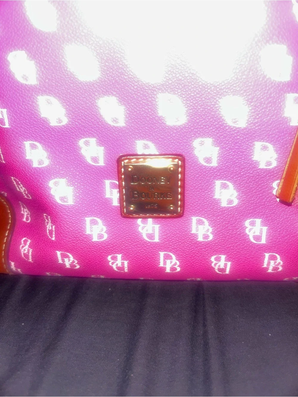Dooney & Bourke Bright Pink Logo Tote with Brown Trim and Pearl Chain